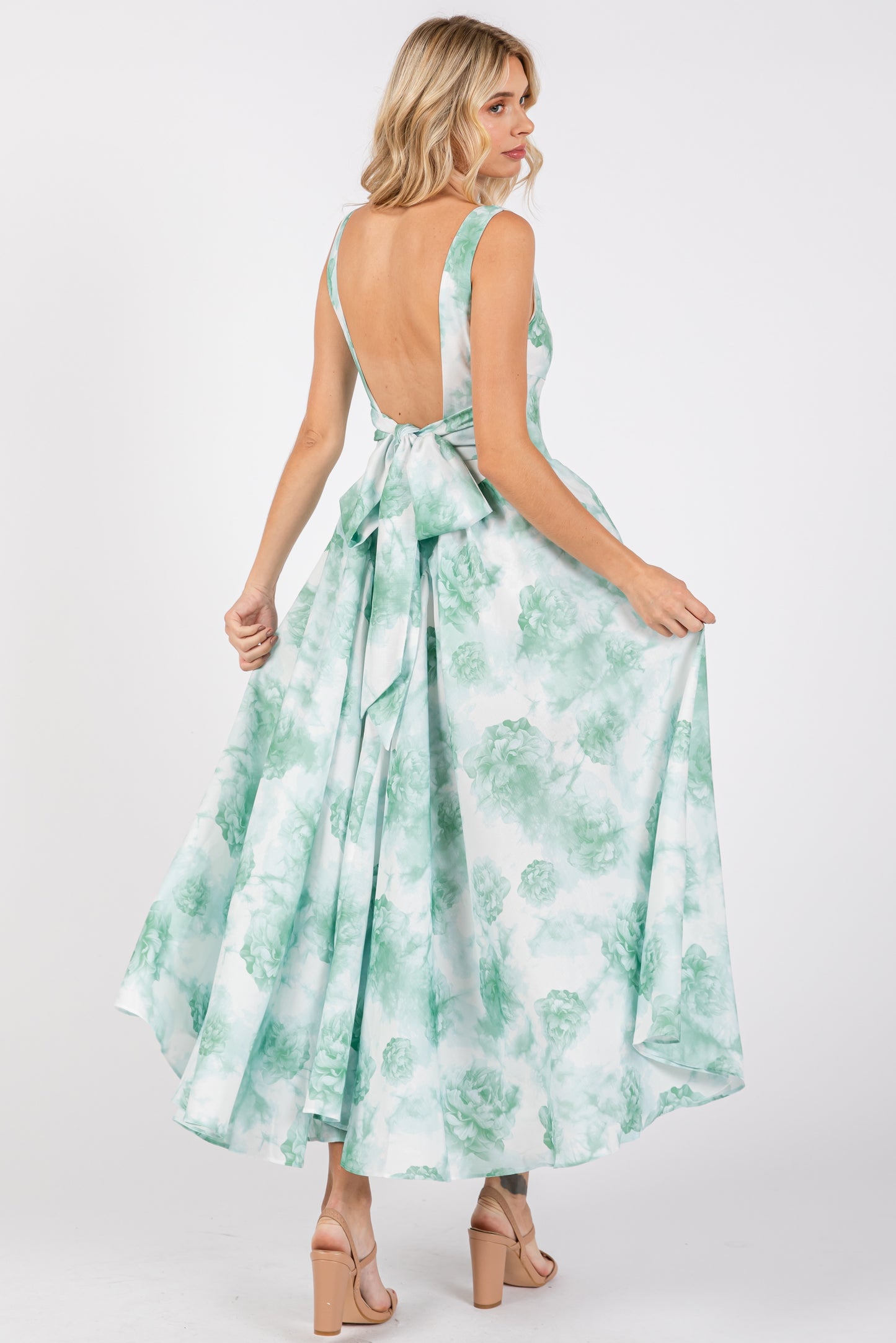 Print Back Ribbon Midi Dress