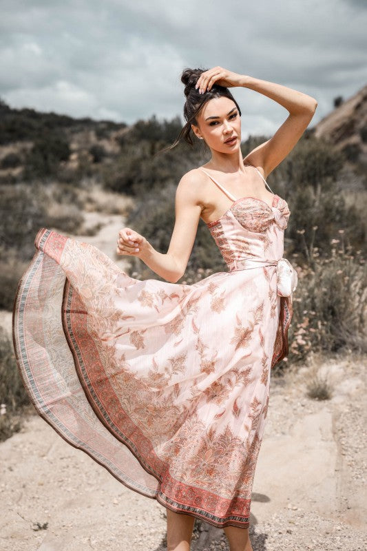 SWEETHEART NECK SPAGHETTI STRAP PRINTED MIDI DRESS