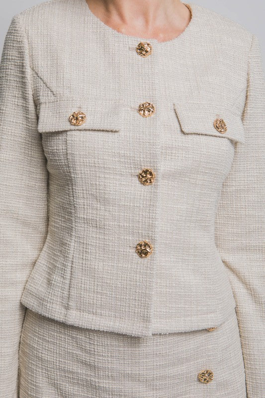 BUTTON UP TWEED ROUND NECKLINE SHAKET