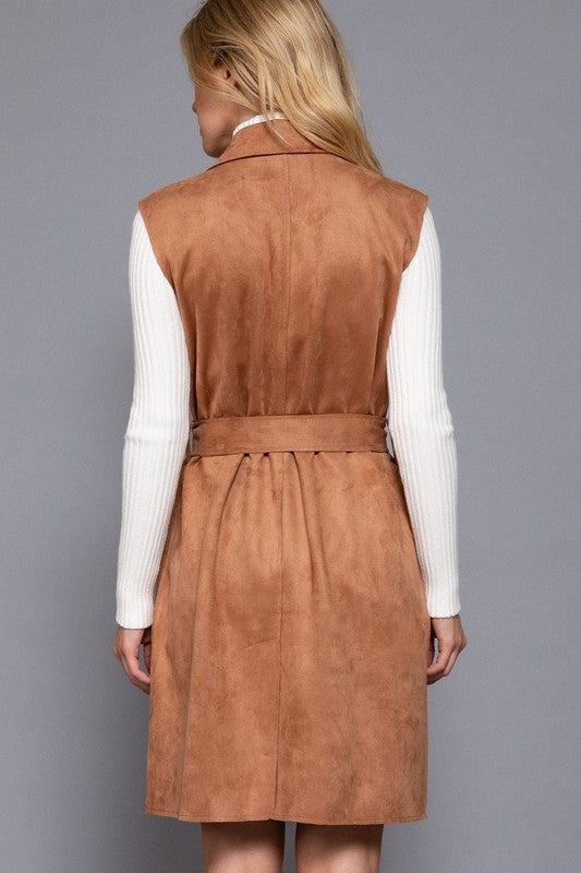 NOTCHED COLLAR BELTED FAUX SUEDE VEST