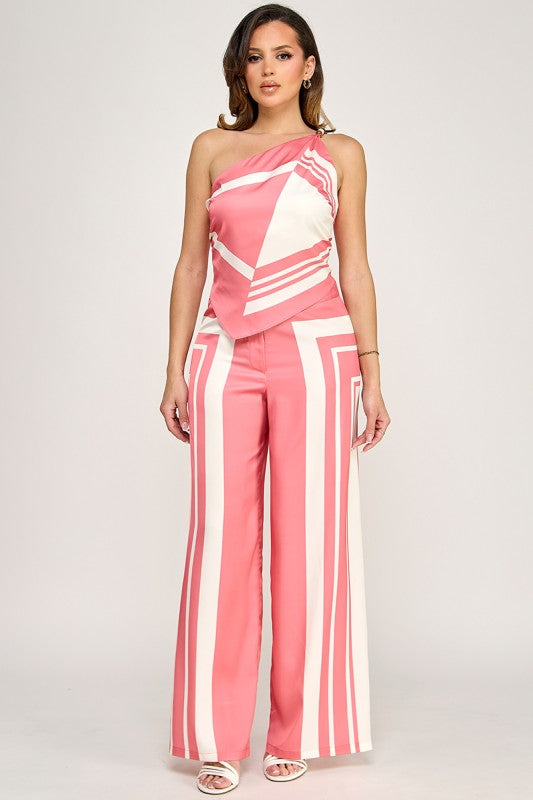 GEOMETRIC PRINTED ASYMMETRICAL TOP PANTS SET