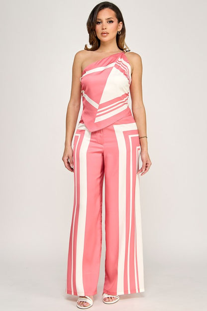 GEOMETRIC PRINTED ASYMMETRICAL TOP PANTS SET