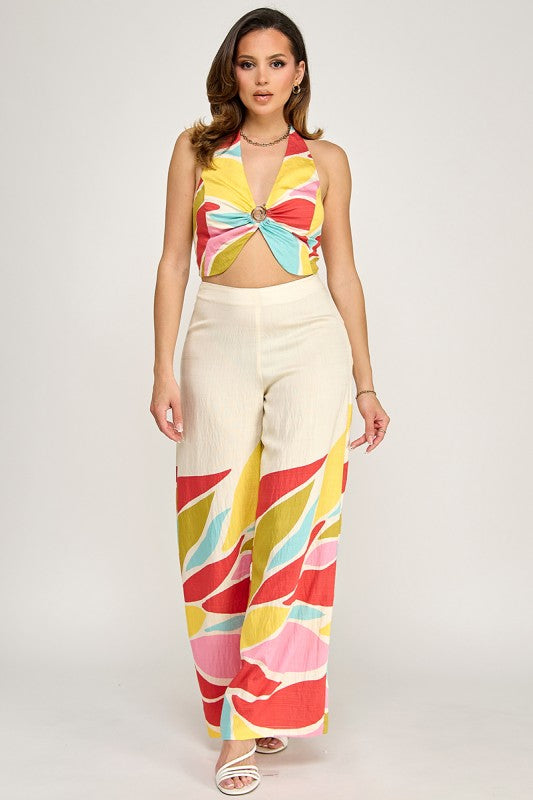 BORDER PRINTER HALTER NECK TOP PANTS SET WITH SPIRAL TRIM DETAIL
