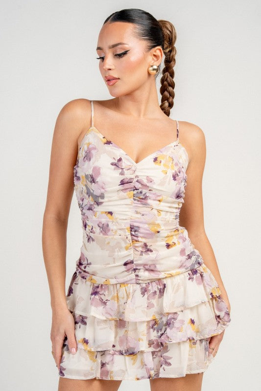 RUCHED RUFFLE TIERED FLORAL PRINT MINI DRESS