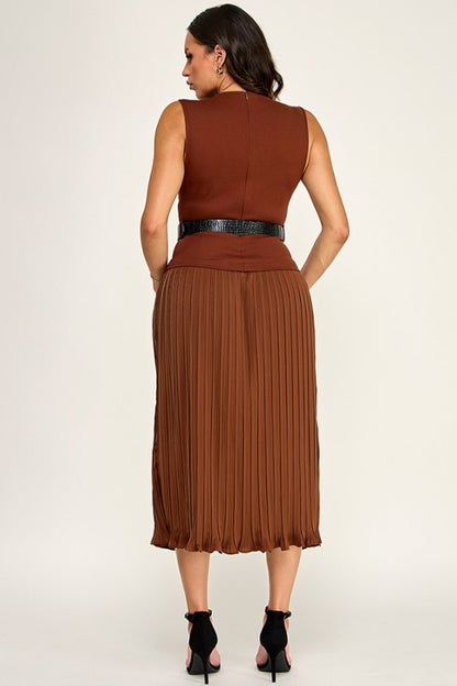 SLVLS GOLD BUTTON DETAIL TOP W/ PLEATED SKIRT DRESS