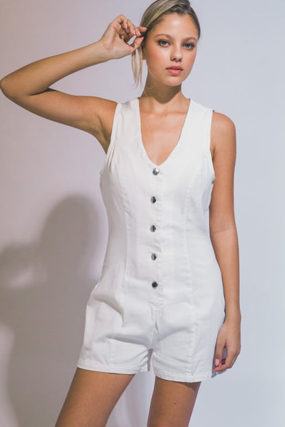 V NECK BUTTON DOWN DENIM ROMPER