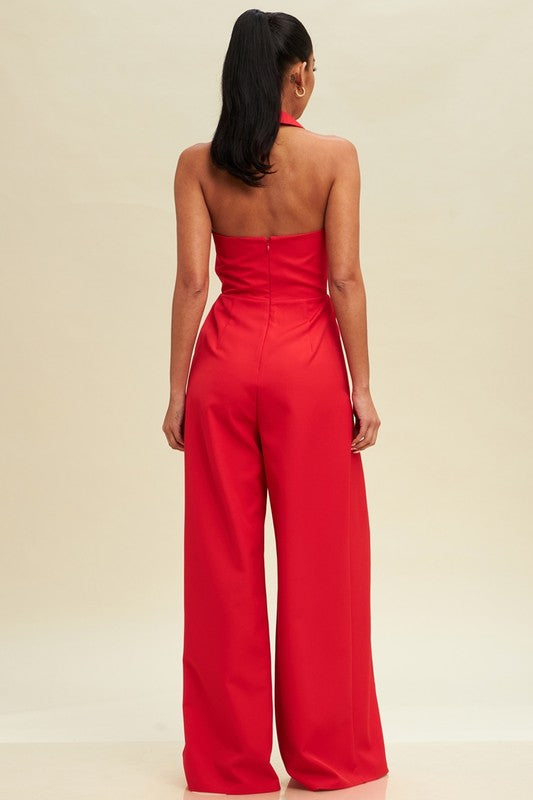 HALTER TIE FRONT SPLIT JUMPSUIT