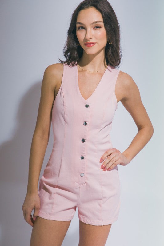 V NECK BUTTON DOWN DENIM ROMPER