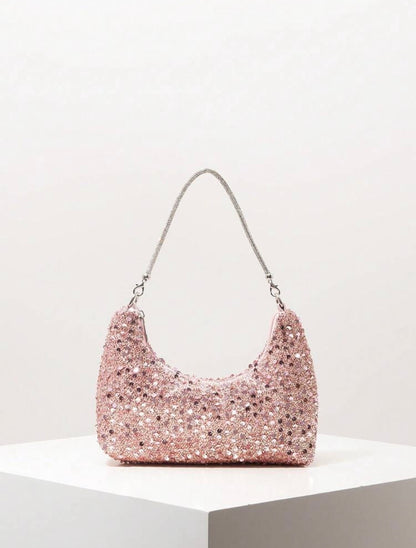 TOP HANDLE SEQUINED SHOULDER PARTY CLUTCH BAG
