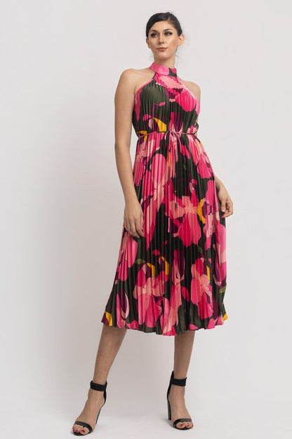 PRINTED PLEATED HALTER NECK MIDI DRESS