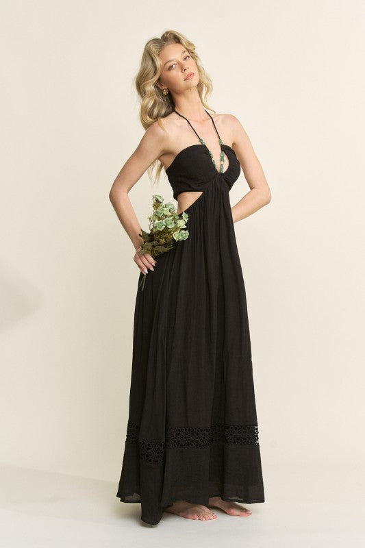 STONE BEAD HALTER STRAP CUTOUT MAXI DRESS
