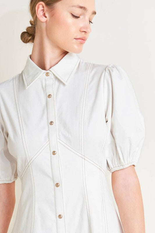 SOLID WOVEN SHORT BUFF SLEEVES MIDI DRESS