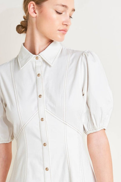 SOLID WOVEN SHORT BUFF SLEEVES MIDI DRESS