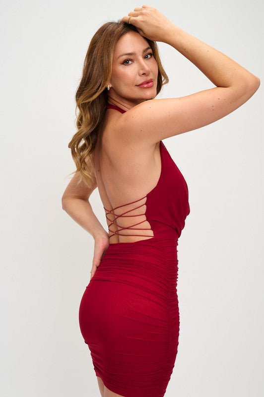 HALTER DRAPE RUCHED MINI DRESS