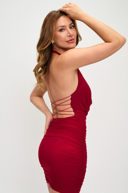 HALTER DRAPE RUCHED MINI DRESS