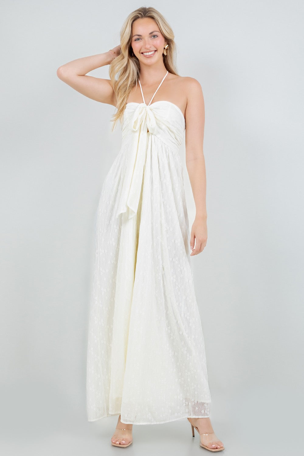 SOLID FRONT TIE HALTERED JUMPSUIT