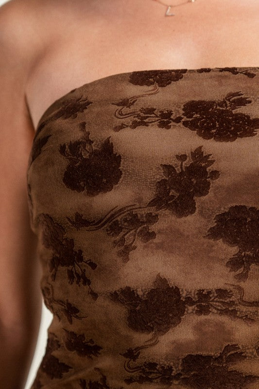 MESH VLEVET FLOCKING MIDI DRESS