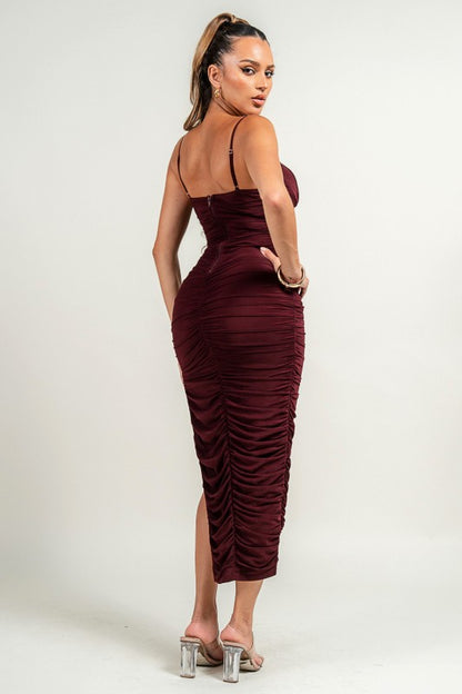 LUXE SHIRRING RUCHED SIDE SLITTED MIDI MESH DRESS