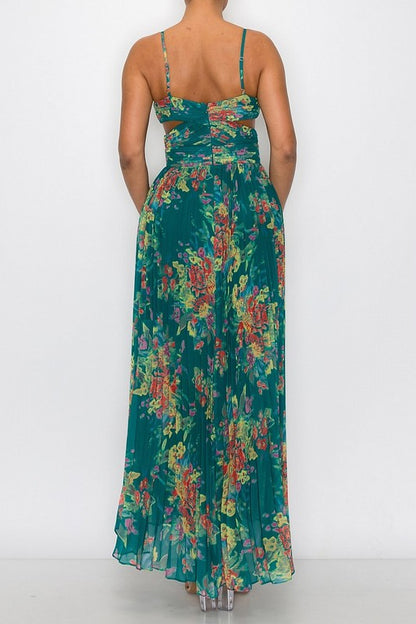 FLORAL PRINT SLEEVELESS PLEATED MAXI DRESSES