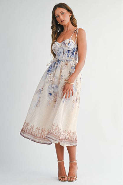 FLORAL CHIFFON TIE-STRAP MIDI SUMMER DRESS