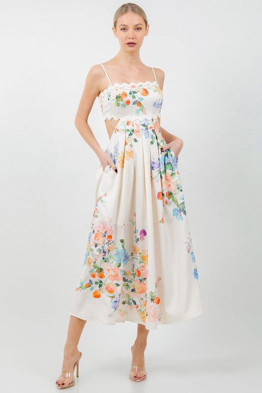 FLORAL PRINTED CUT OUT MIDI DRESS