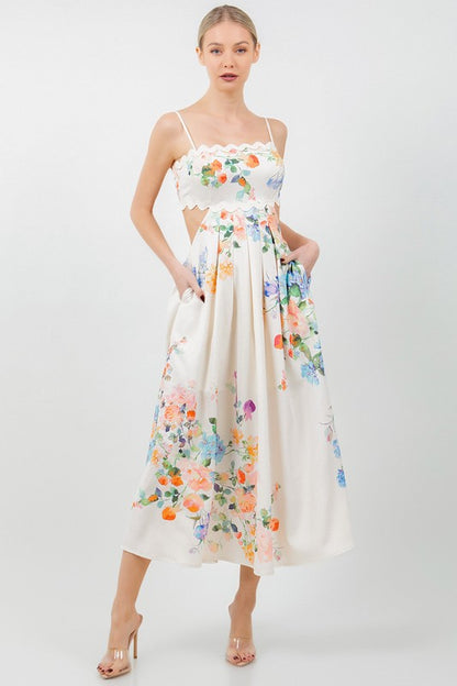 FLORAL PRINTED CUT OUT MIDI DRESS