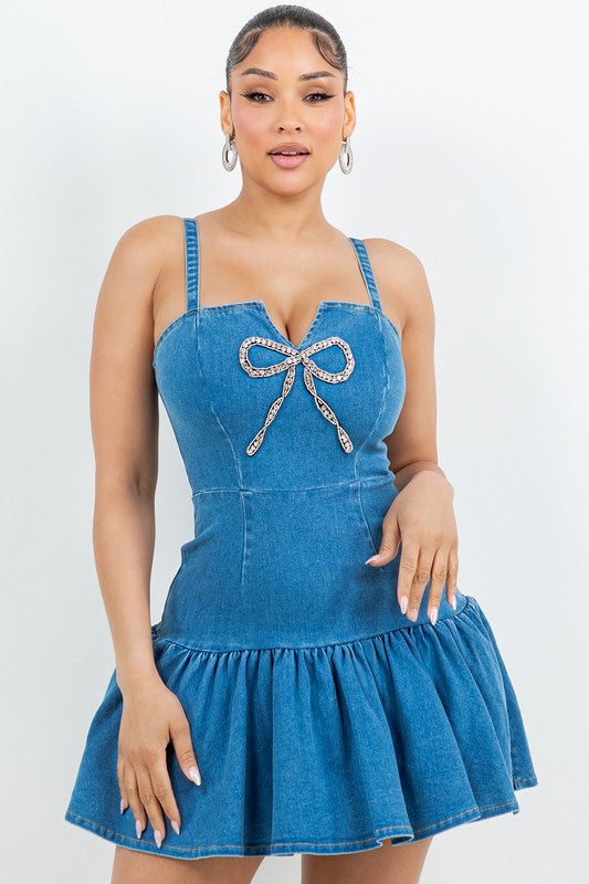 RHINESTONE BOW DENIM MINI DRESS