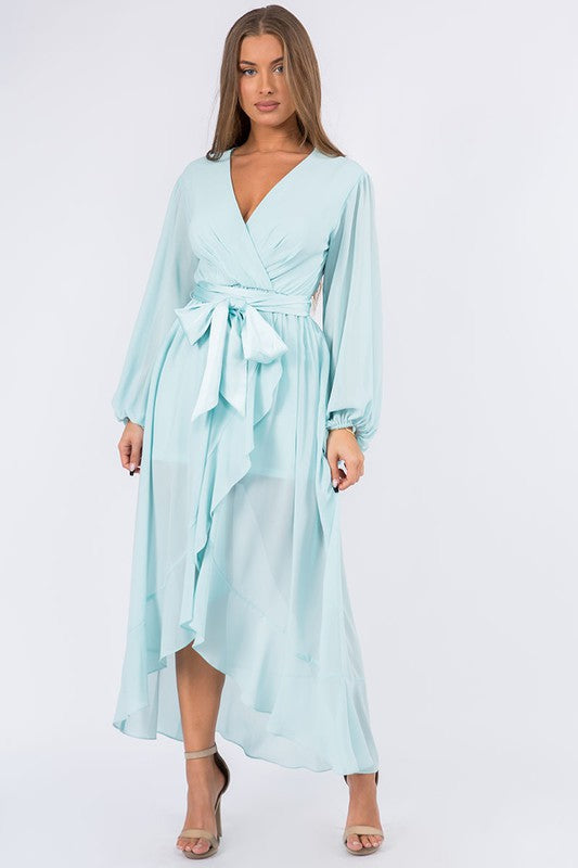 CHIFFON WRAP FRONT LONG SLEEVE HI LO DRESS