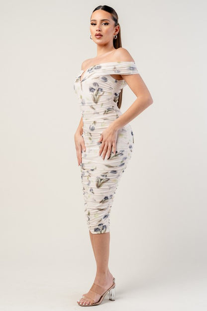 MESH FLORAL OFF SHOULDER MIDI DRESS