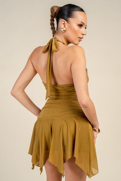 HALTER NECK HANDKERCHIEF HEM MINI DRESS