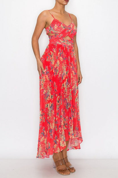 FLORAL PRINT SLEEVELESS PLEATED MAXI DRESSES