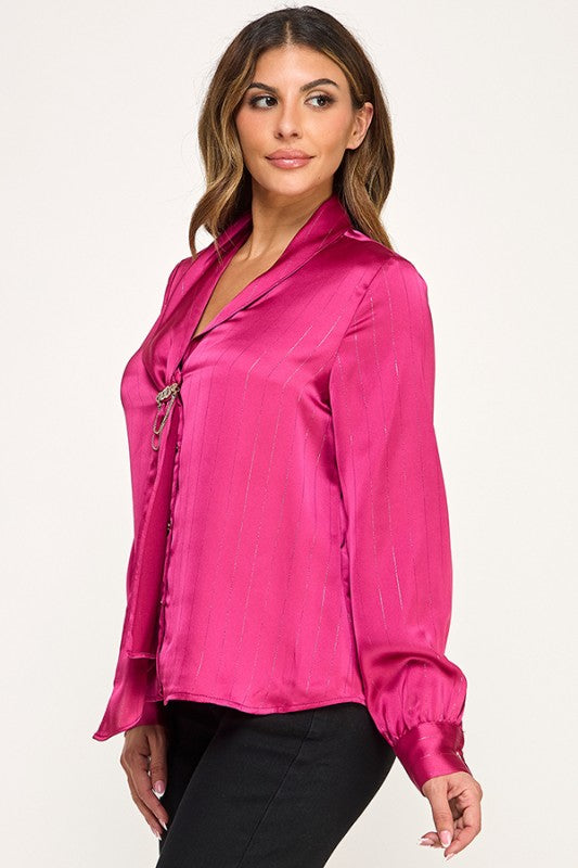 LUREX STRIPED LONG SLEEVE BLOUSE WITH NECK TIE