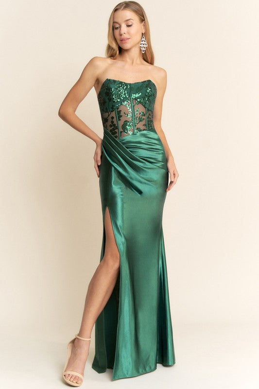 SHEER SEQUIN BODICE MAXI COCKTAIL DRESS