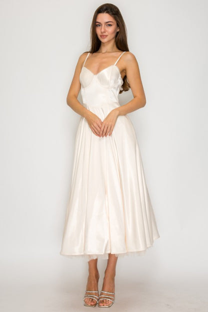 EVENING SATIN TULL MIDI DRESS