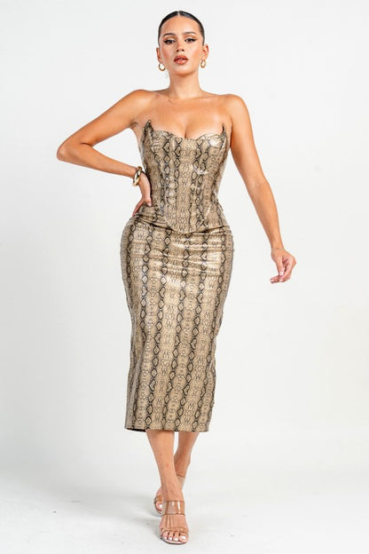 STRAPLESS PEEKABOO CORSET SNAKE SKIN MIDI DRESS