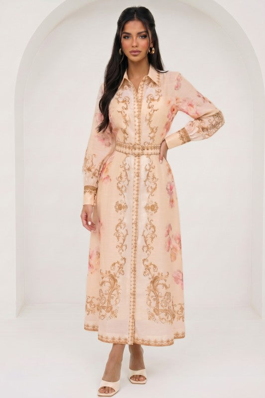PRINTED LONG SLEEVES BELTED DRESS