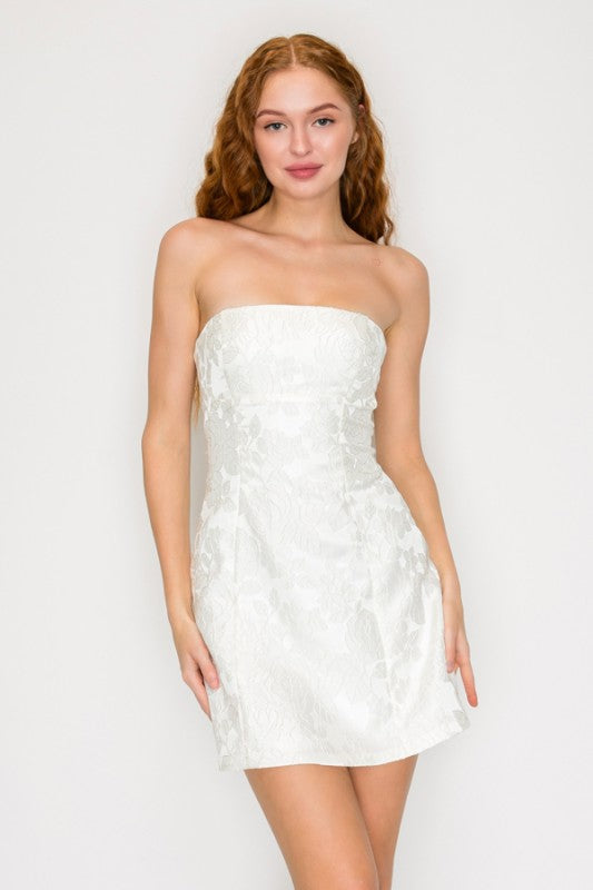 FLORAL JACQUARD STRAPLESS MINI PARTY DRESS
