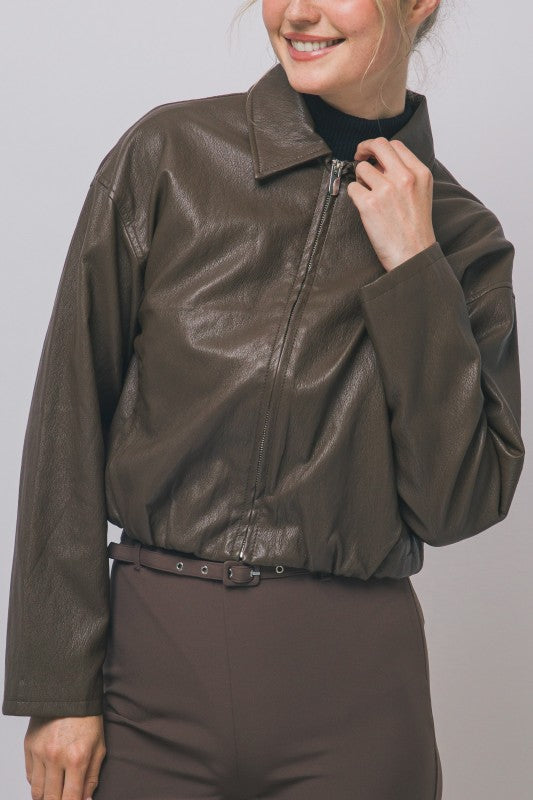 CROPPED FAUX LEAHER BOMBER JACKET
