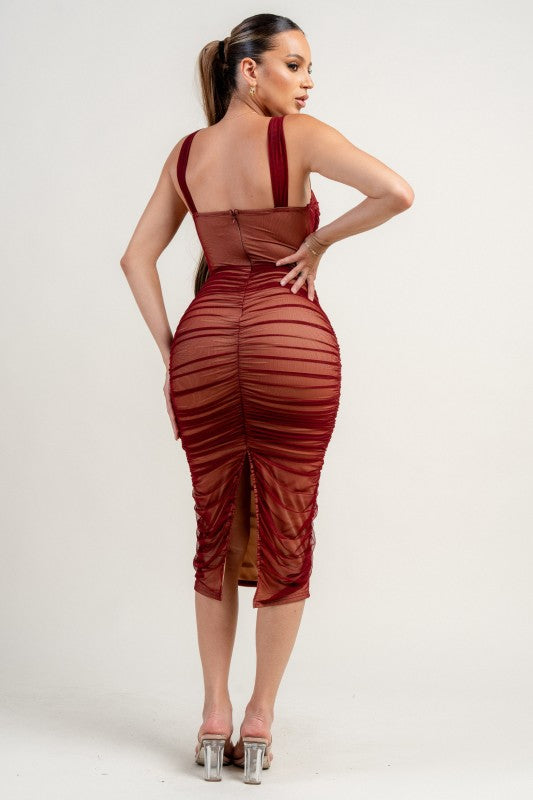 SHEER MESH CORSET SEE-THROUGH MIDI DRESS