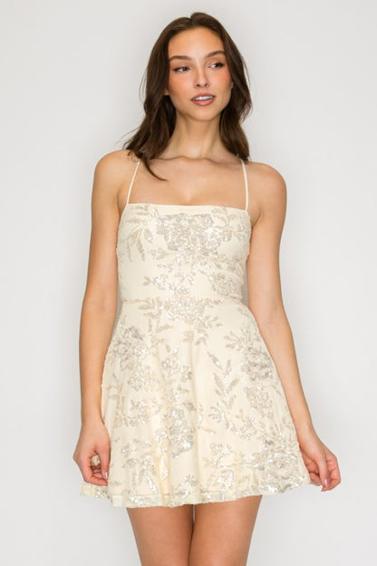 SEQUIN FIT AND FLARE MINI COCKTAIL DRESS