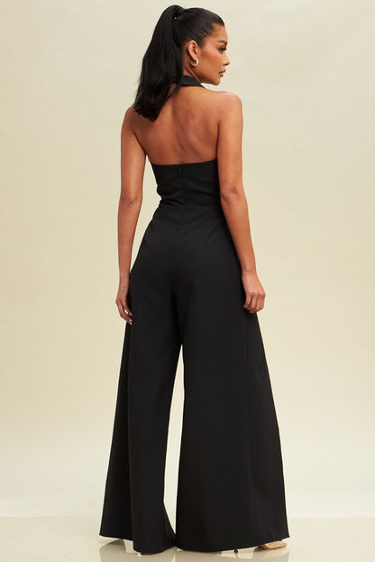 HALTER TIE FRONT SPLIT JUMPSUIT