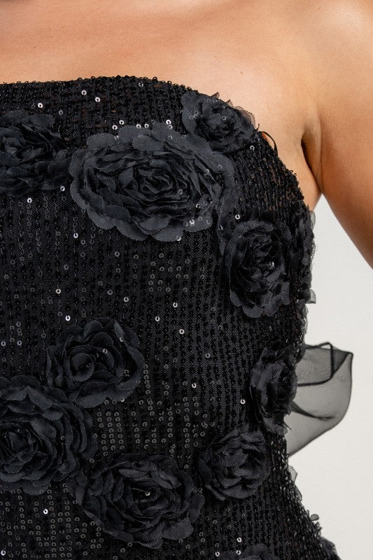 RIBBON 3D FLORAL SEQUINS LACE MIDI DRESS