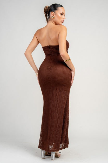 LACE W/ STONE STRING BUST CUTOUT TUBE ANKLE DRESS