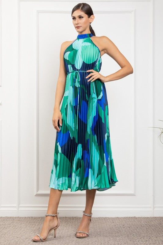 PRINTED PLEATED HALTER NECK MIDI DRESS