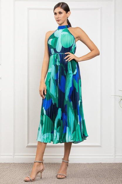 PRINTED PLEATED HALTER NECK MIDI DRESS