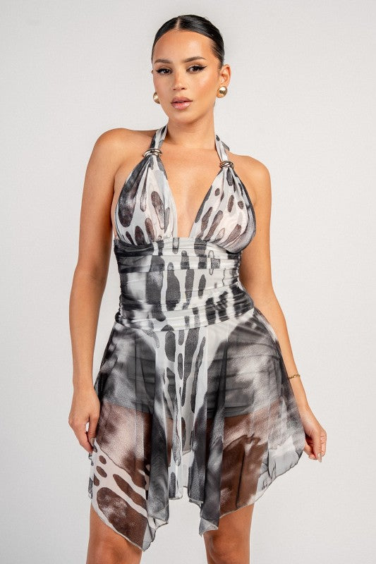 HLATER NECK RUCHED MINI DRESS