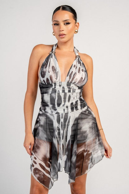 HLATER NECK RUCHED MINI DRESS