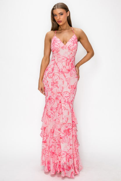 FLORAL HALTER PRINTED MAXI DRESS WITH OPEN BACK