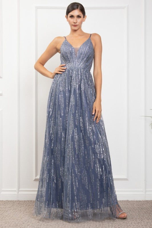 DEEP V NECK SPAGHETTI STRAP SEQUINED MAXI COCKTAIL DRESS