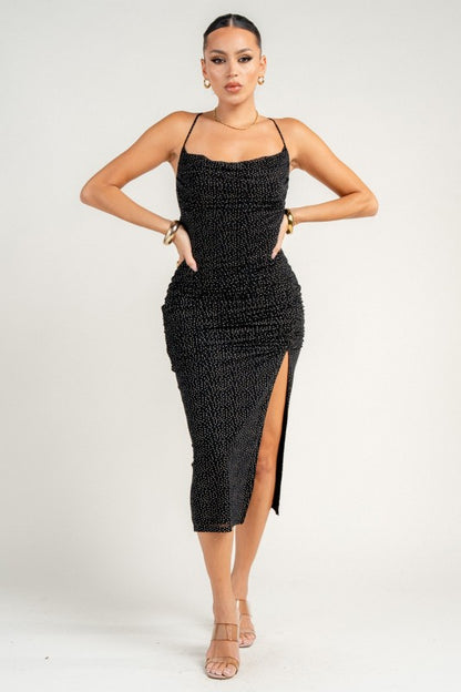 COWL NECK X BACK TIE FRONT SLIT RUCHING MIDI DRESS